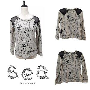 SEA New York Cotton & Wool Long Sleeve Blouse Black Tan Sheer Top